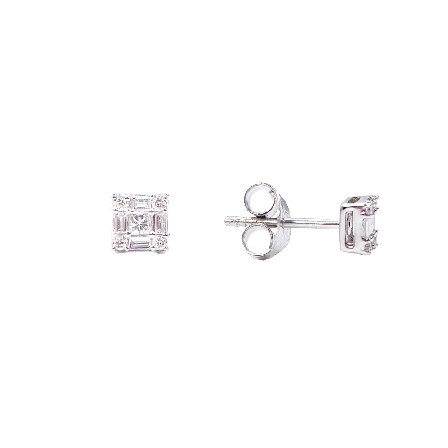 14ct White Gold Round & Baguette & Square Shaped Diamond Studs Earrings 0.20ct 