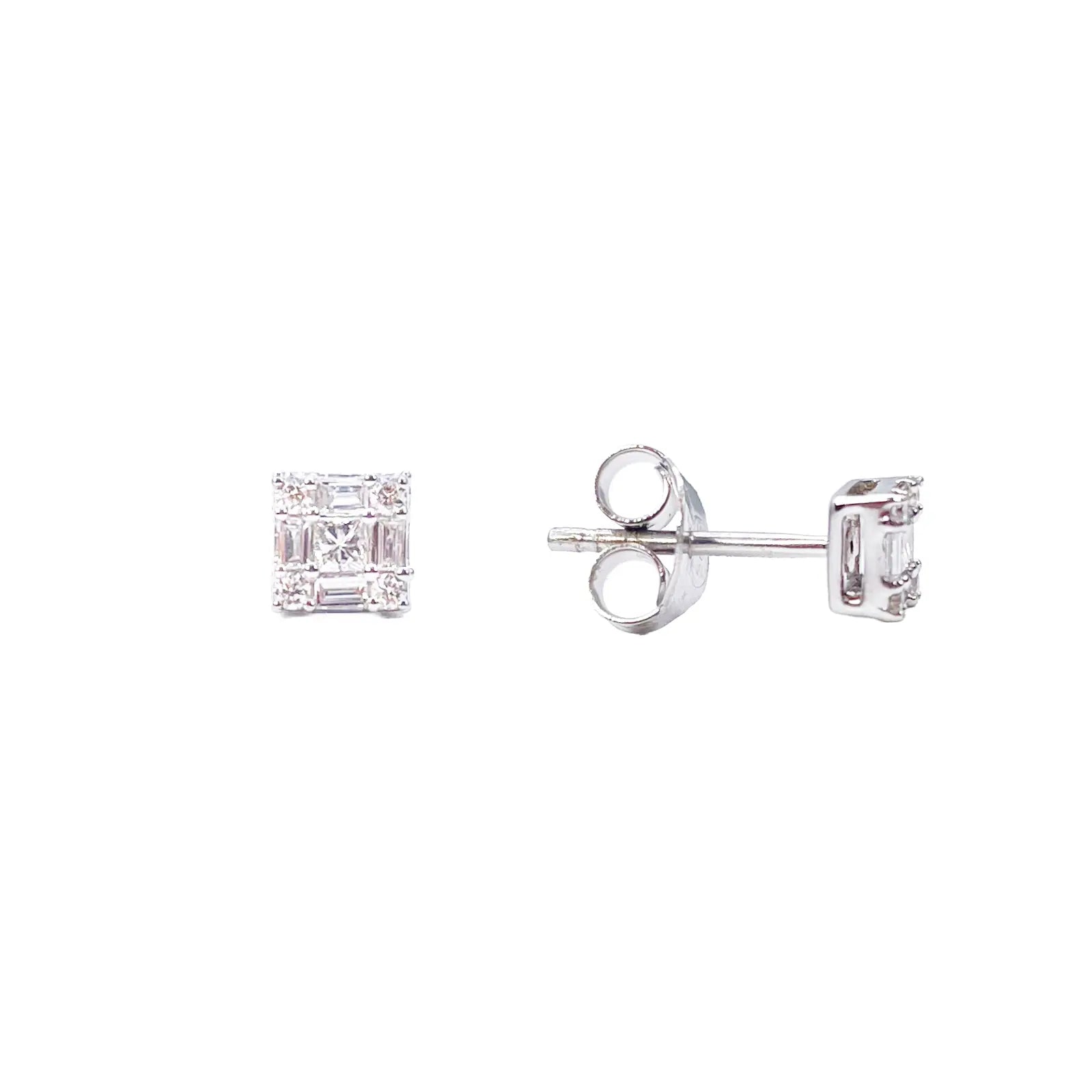 14ct White Gold Round & Baguette & Square Shaped Diamond Studs Earrings 0.20ct 