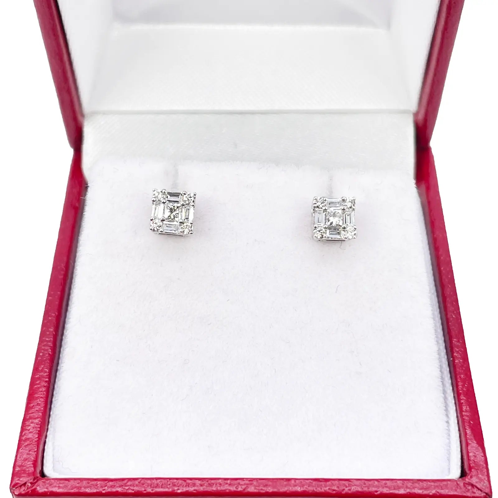 14ct White Gold Round & Baguette & Square Shaped Diamond Studs Earrings 0.20ct 