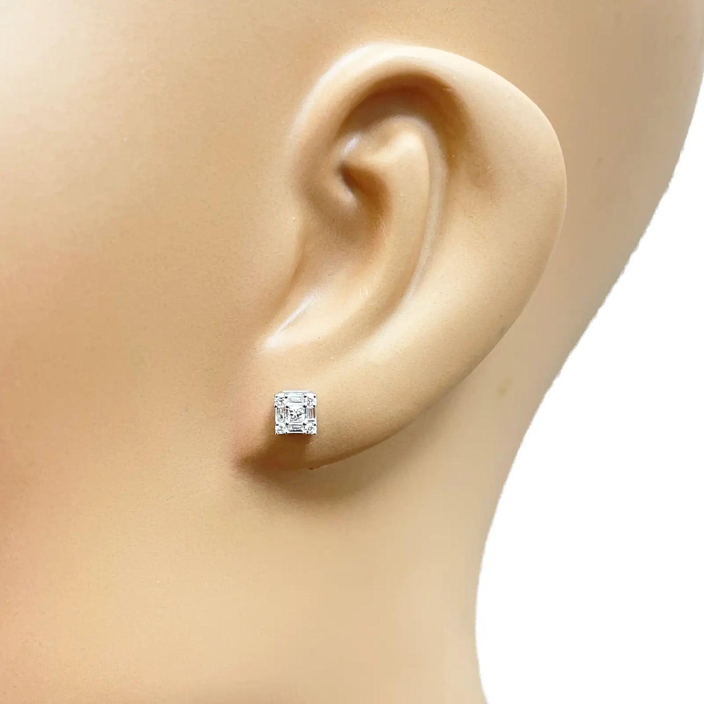 14ct White Gold Round & Baguette & Square Shaped Diamond Studs Earrings 0.20ct 