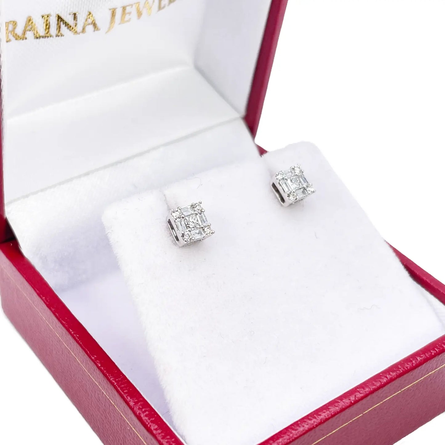 14ct White Gold Round & Baguette & Square Shaped Diamond Studs Earrings 0.20ct 