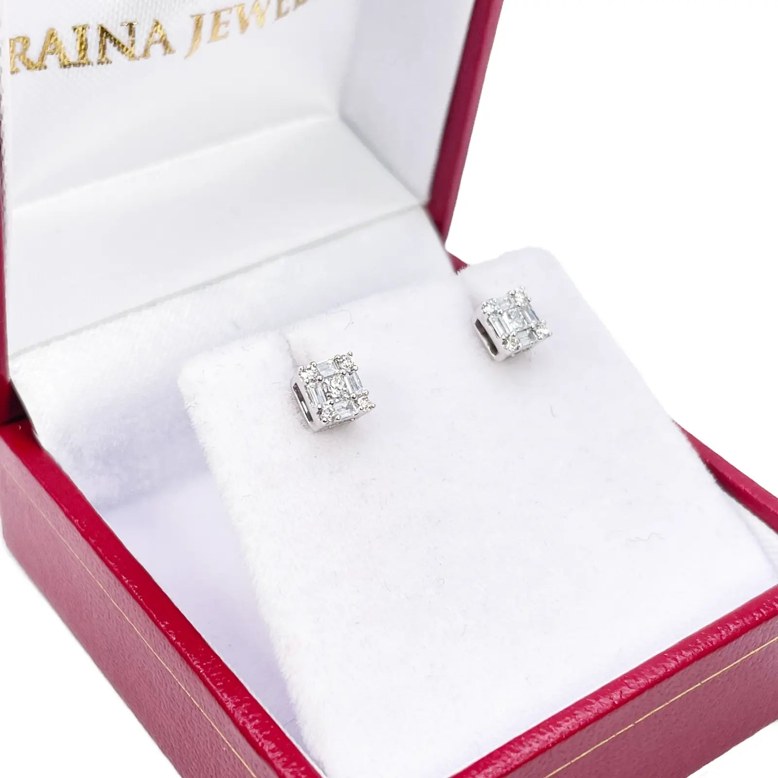 14ct White Gold Round & Baguette & Square Shaped Diamond Studs Earrings 0.20ct 