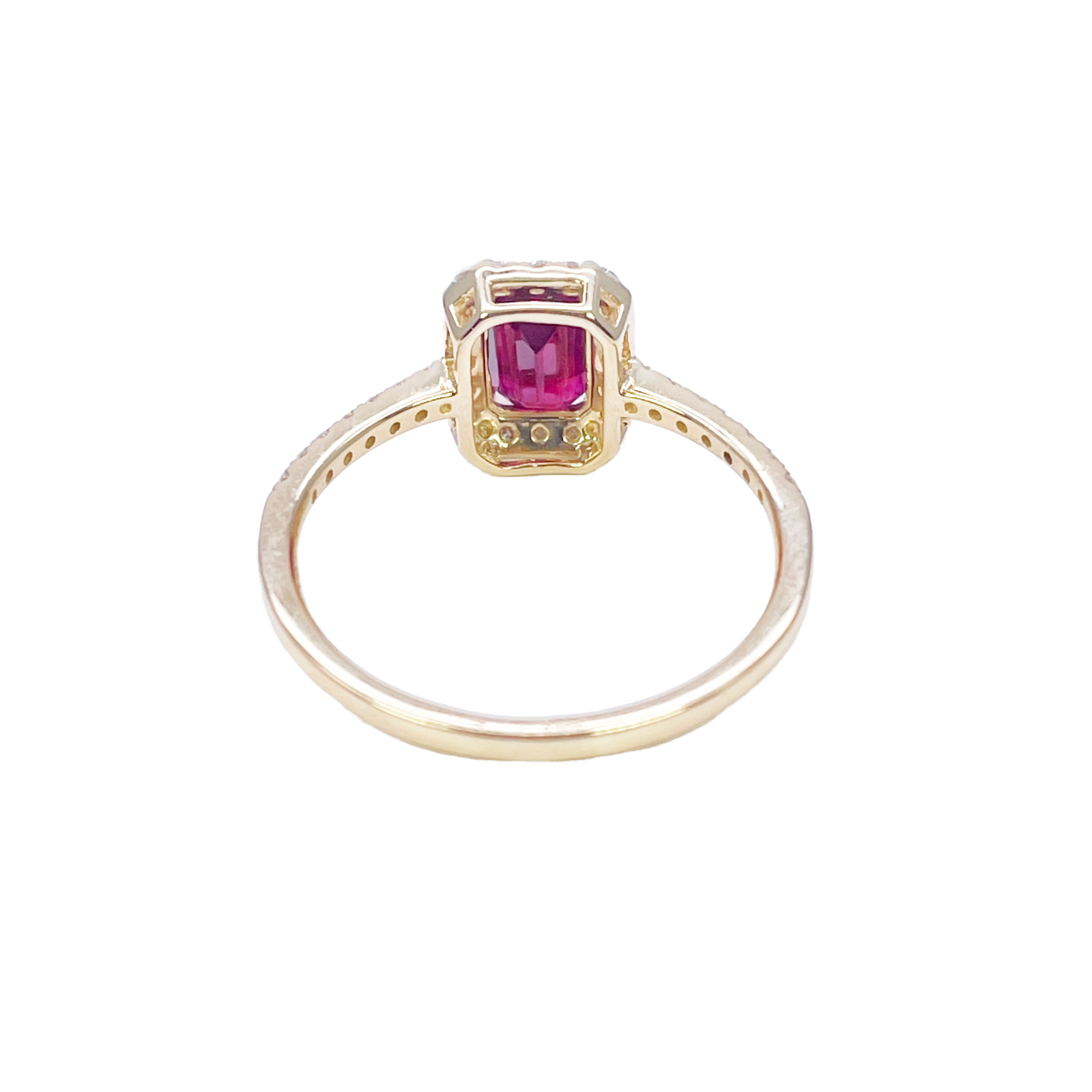 14ct Yellow Gold 4-Claw Natural Emerald Cut Ruby & Round Diamond Ring 1.44ct  Diamond Ring
