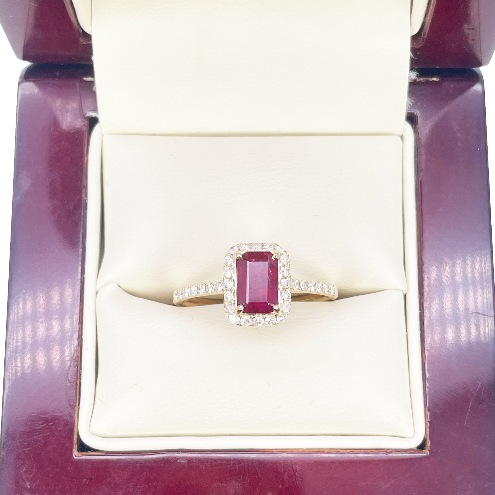 14ct Yellow Gold 4-Claw Natural Emerald Cut Ruby & Round Diamond Ring 1.44ct  Diamond Ring