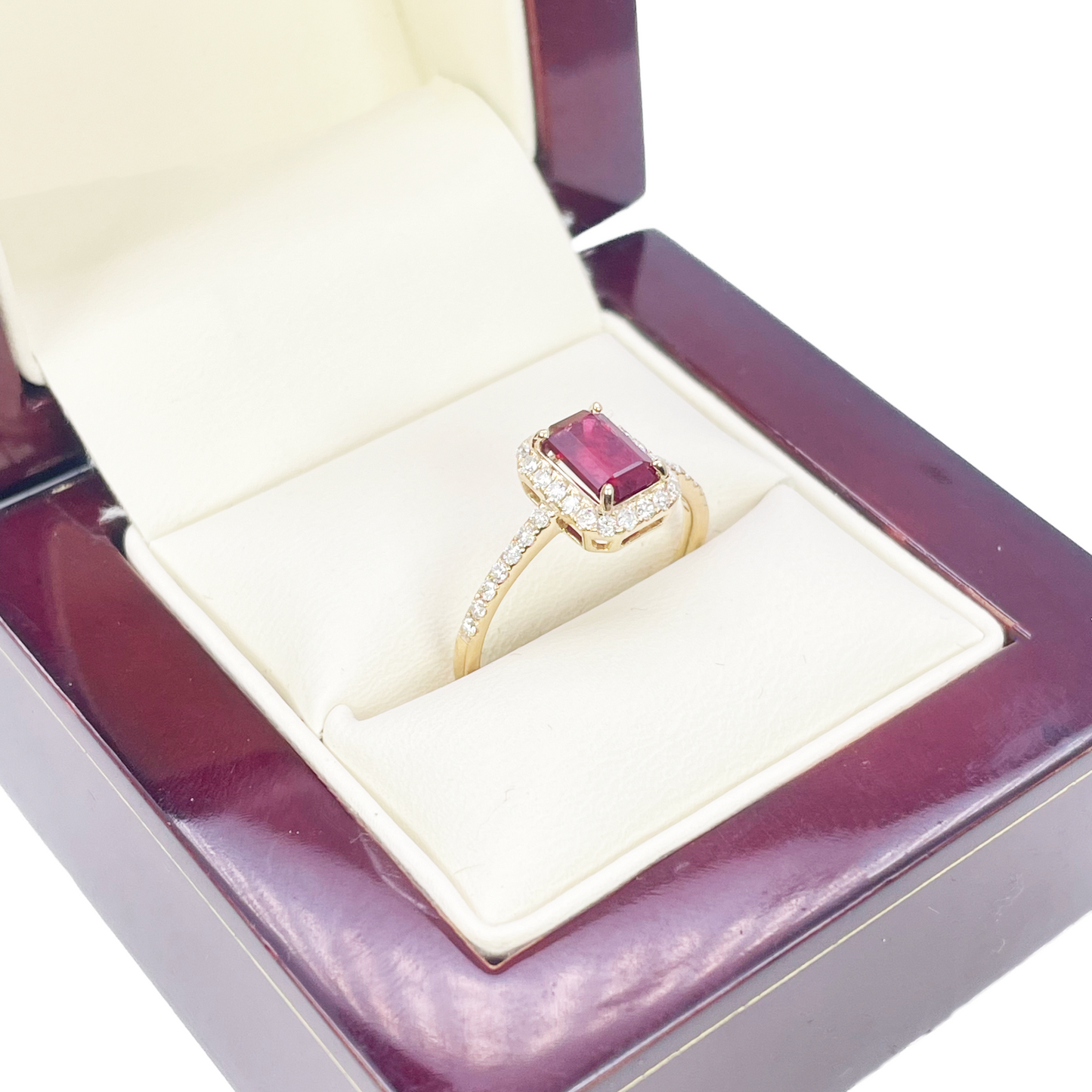 14ct Yellow Gold 4-Claw Natural Emerald Cut Ruby & Round Diamond Ring 1.44ct  Diamond Ring