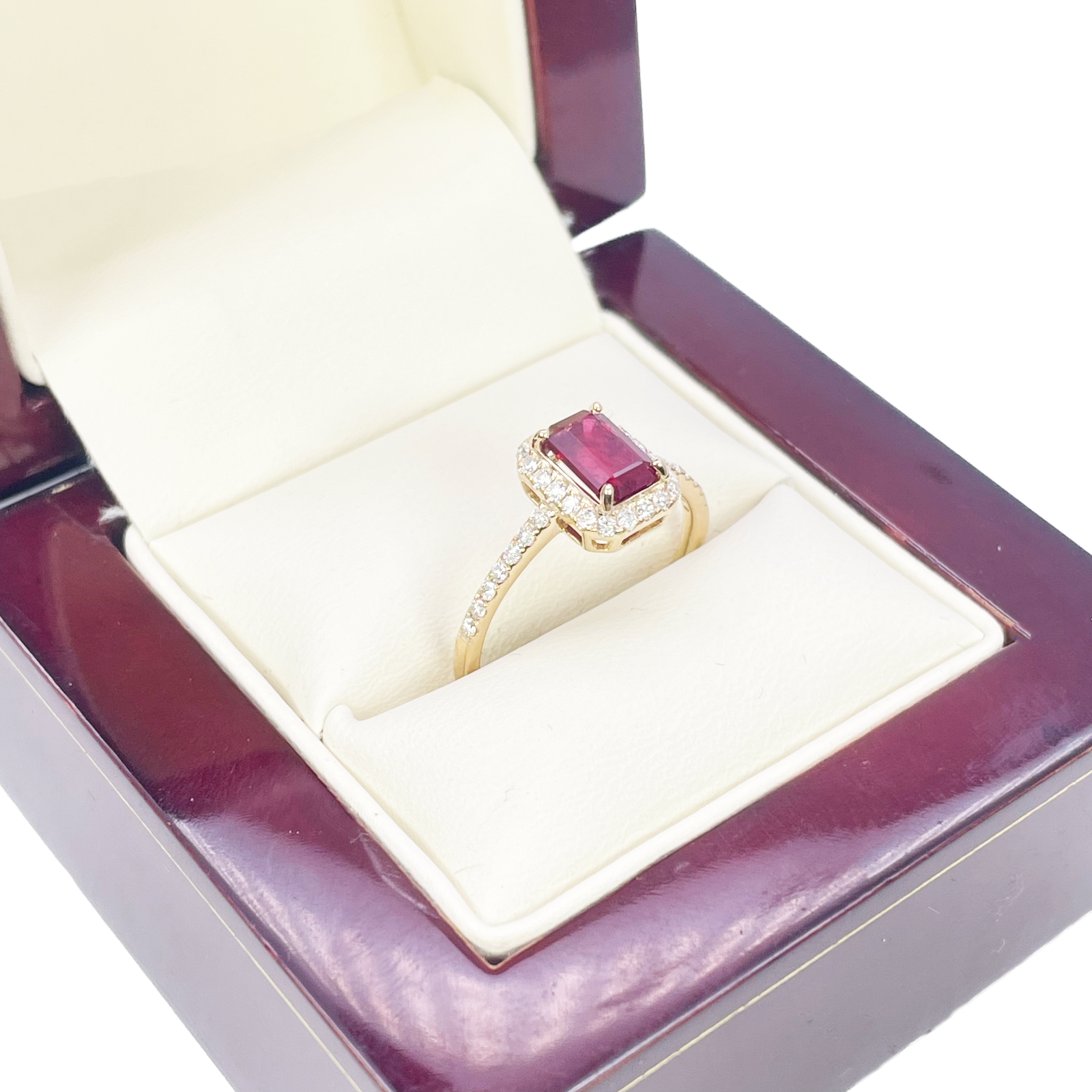 14ct Yellow Gold 4-Claw Natural Emerald Cut Ruby & Round Diamond Ring 1.44ct  Diamond Ring