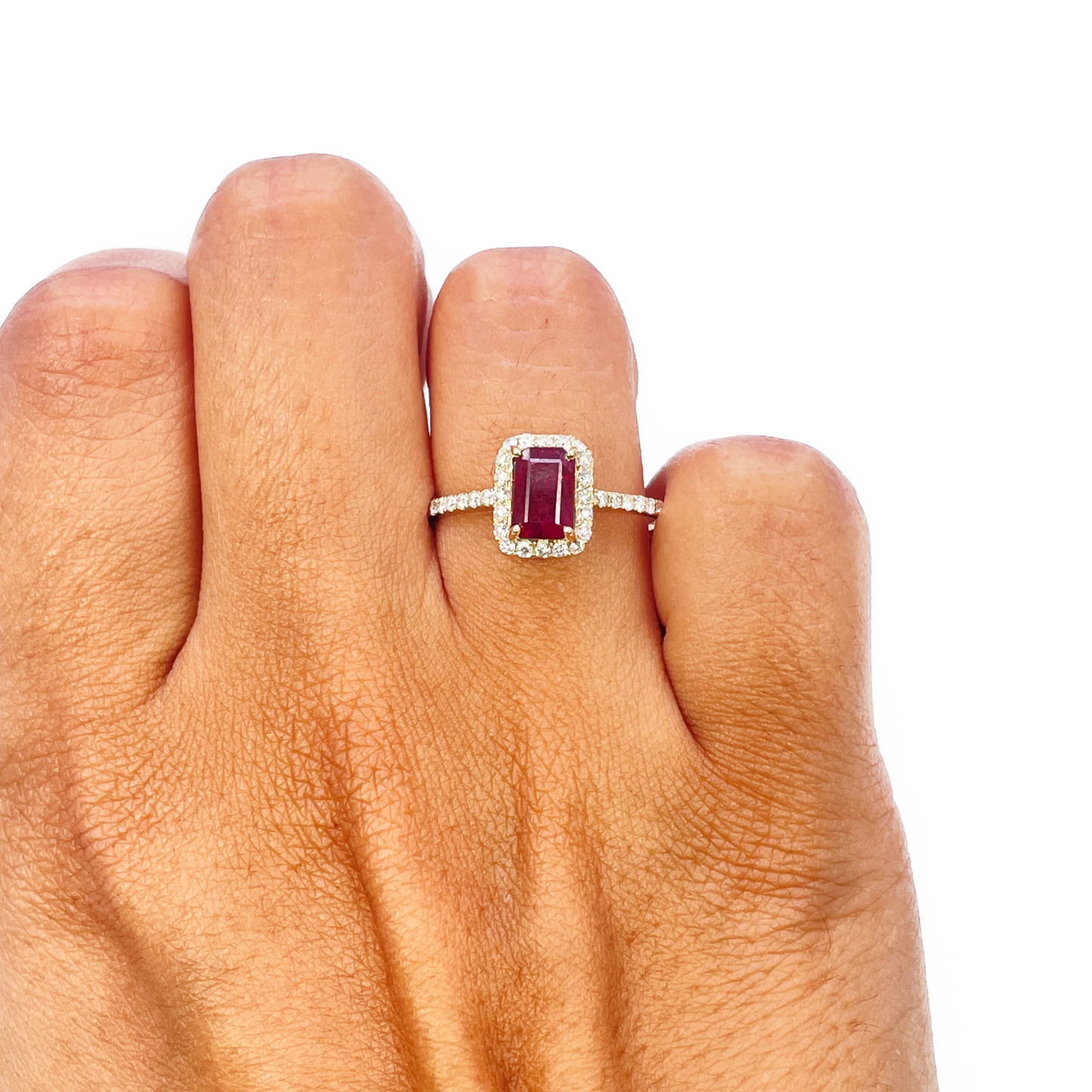 14ct Yellow Gold 4-Claw Natural Emerald Cut Ruby & Round Diamond Ring 1.44ct  Diamond Ring