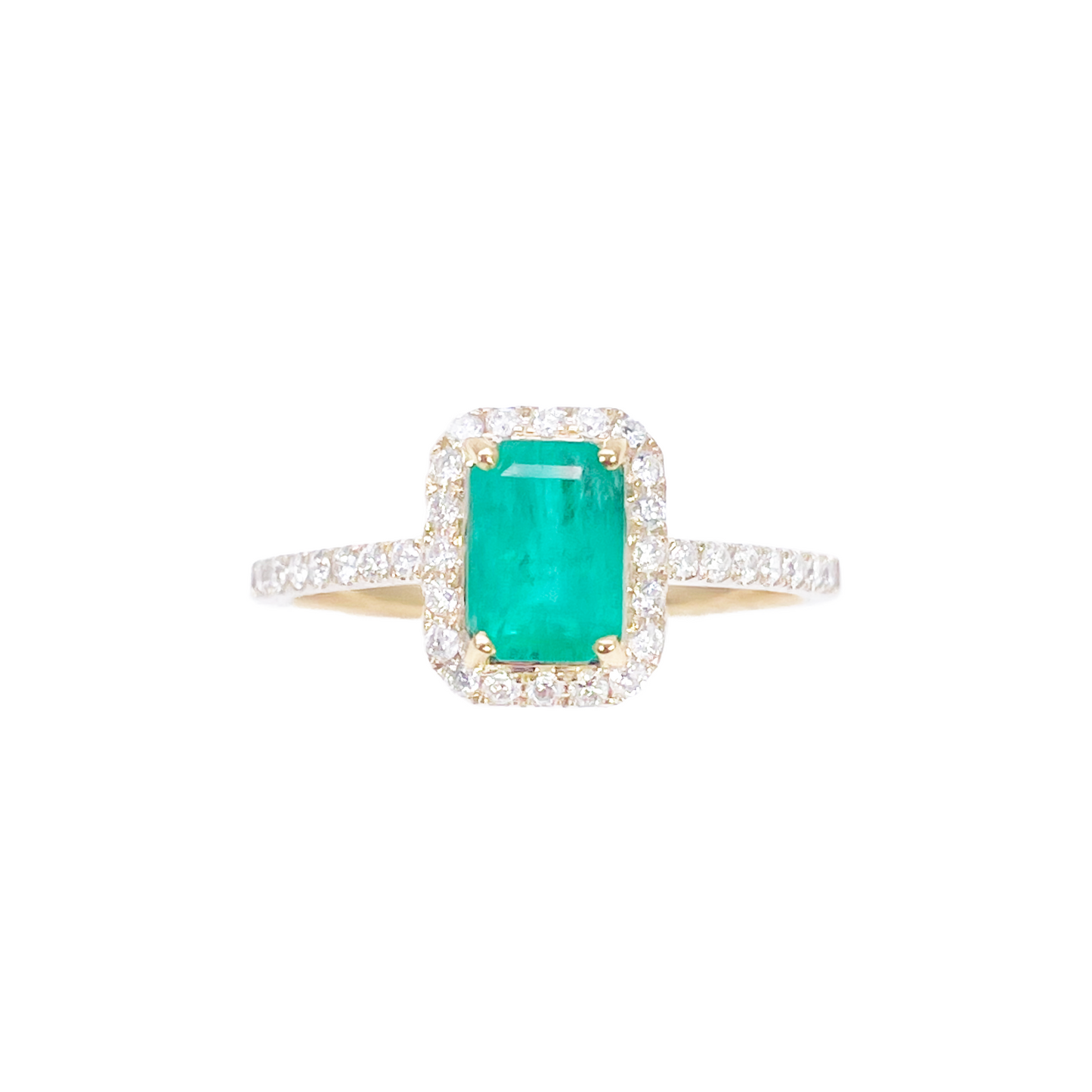 14ct Yellow Gold 4-Claw Natural Emerald & Round Diamond Ring 1.22ct  Diamond Ring