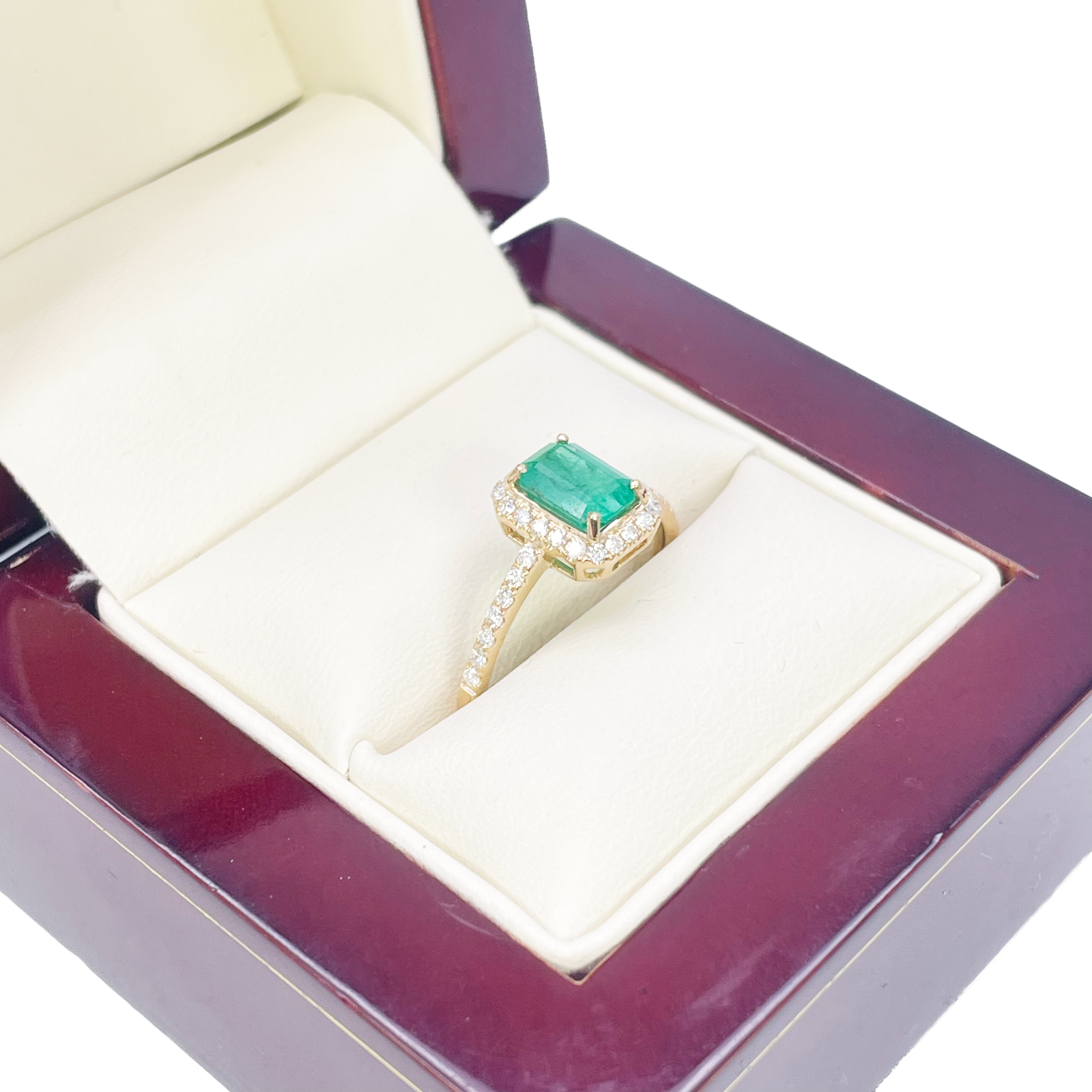 14ct Yellow Gold 4-Claw Natural Emerald & Round Diamond Ring 1.22ct  Diamond Ring