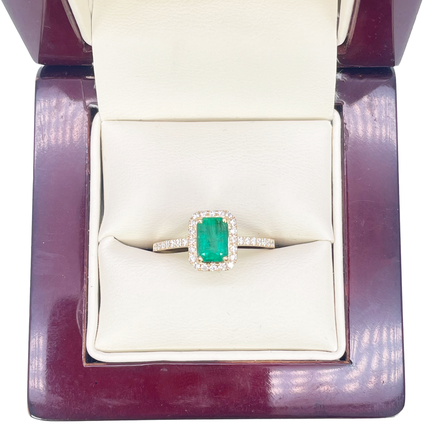 14ct Yellow Gold 4-Claw Natural Emerald & Round Diamond Ring 1.22ct  Diamond Ring