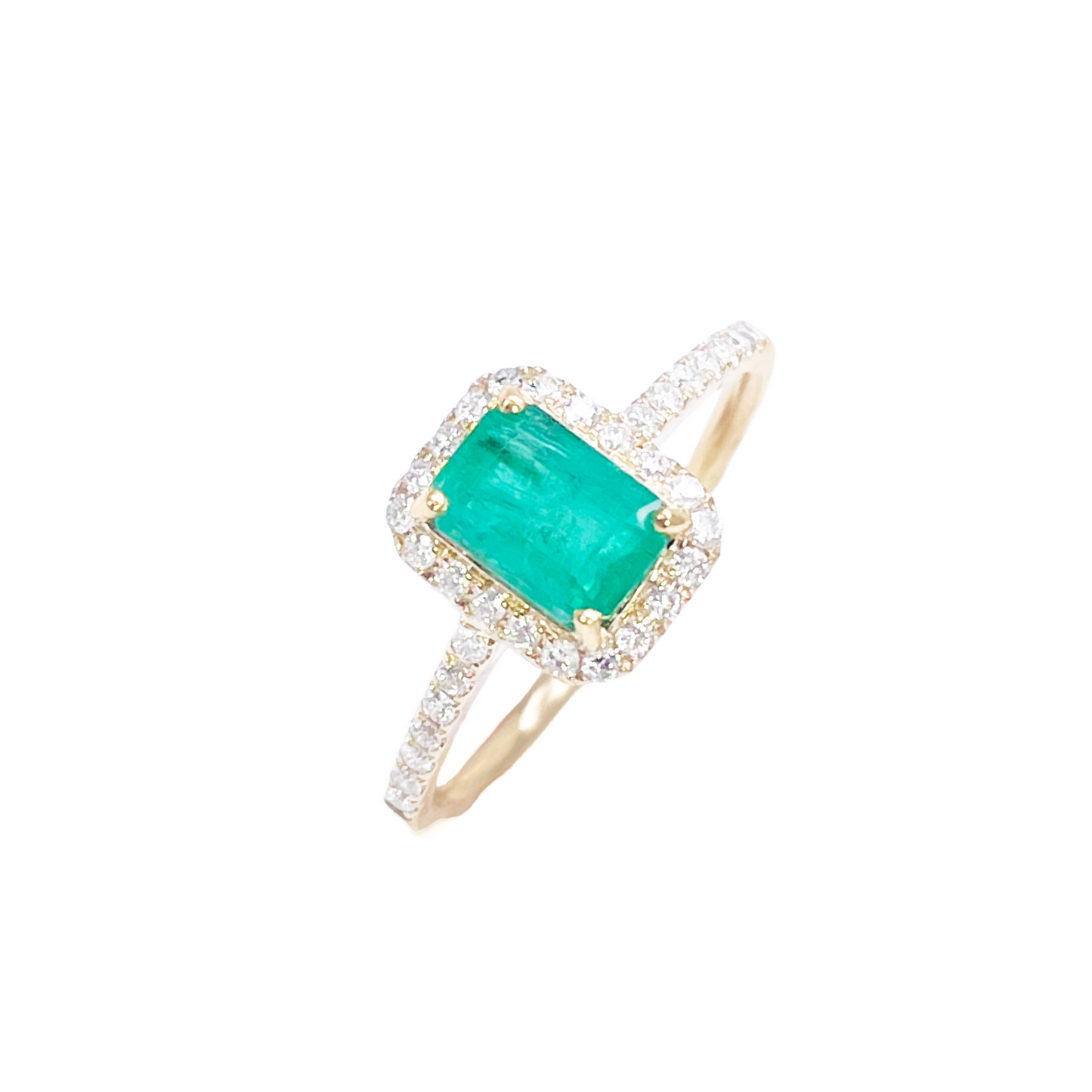 14ct Yellow Gold 4-Claw Natural Emerald & Round Diamond Ring 1.22ct  Diamond Ring