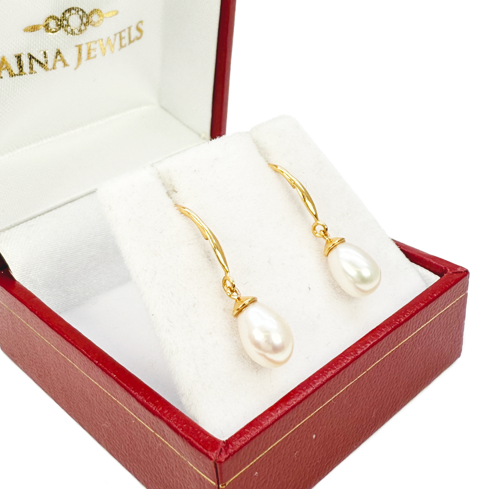 14ct Yellow Gold Beautiful Ladies Pear Freshwater Pearl Hook Wire Drop Earrings 