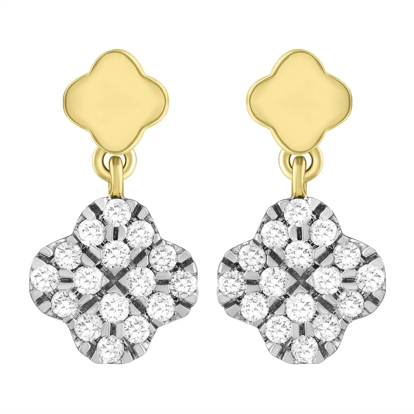 14ct Yellow Gold Diamond Clover Drop Cluster Stud Earrings 0.21ct 