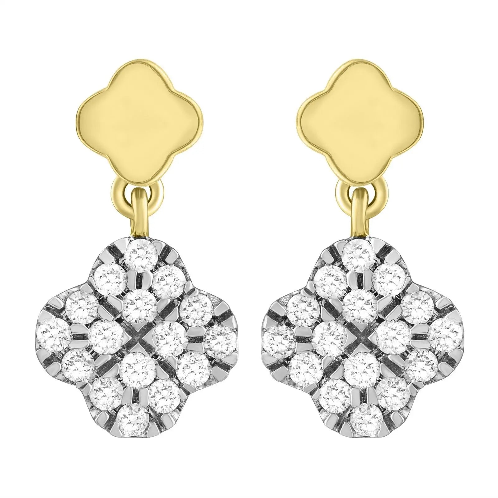 14ct Yellow Gold Diamond Clover Drop Cluster Stud Earrings 0.21ct 