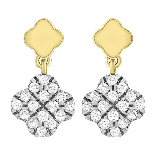14ct Yellow Gold Diamond Clover Drop Cluster Stud Earrings 0.21ct 
