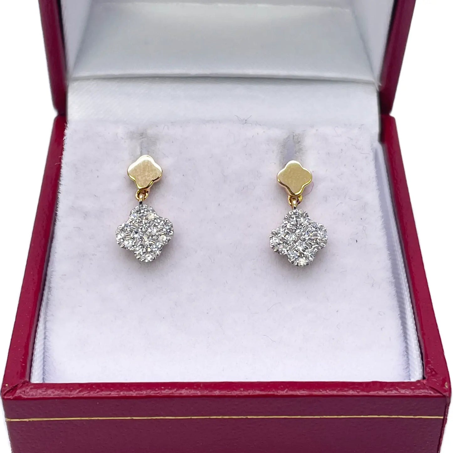 14ct Yellow Gold Diamond Clover Drop Cluster Stud Earrings 0.21ct 
