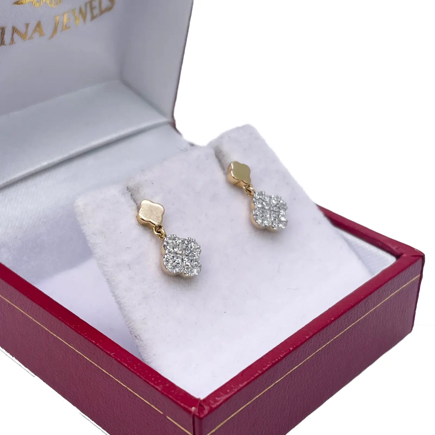 14ct Yellow Gold Diamond Clover Drop Cluster Stud Earrings 0.21ct 