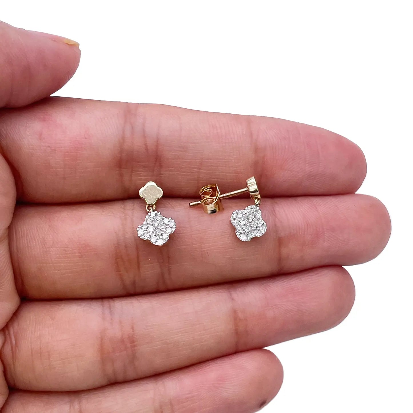 14ct Yellow Gold Diamond Clover Drop Cluster Stud Earrings 0.21ct 