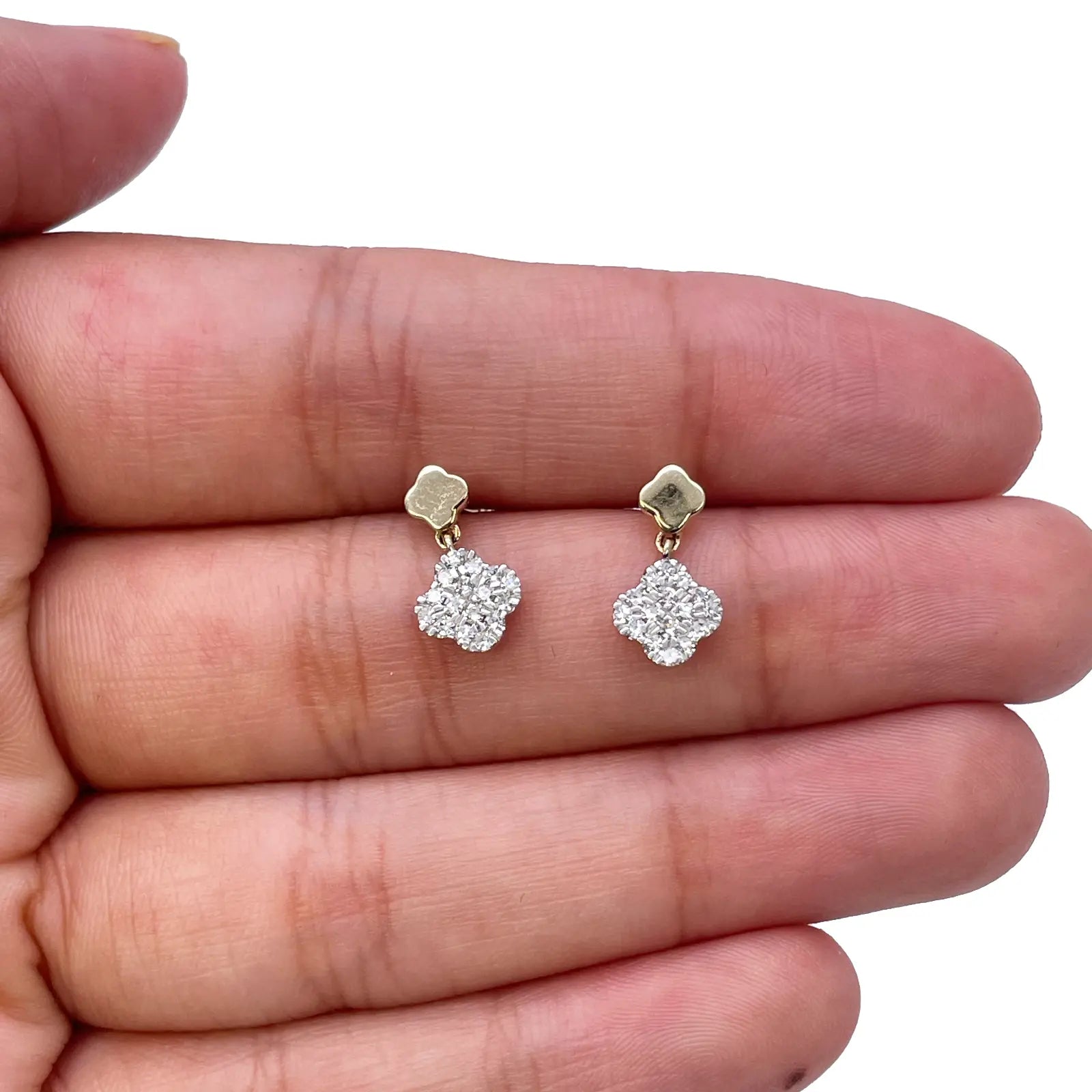 14ct Yellow Gold Diamond Clover Drop Cluster Stud Earrings 0.21ct 