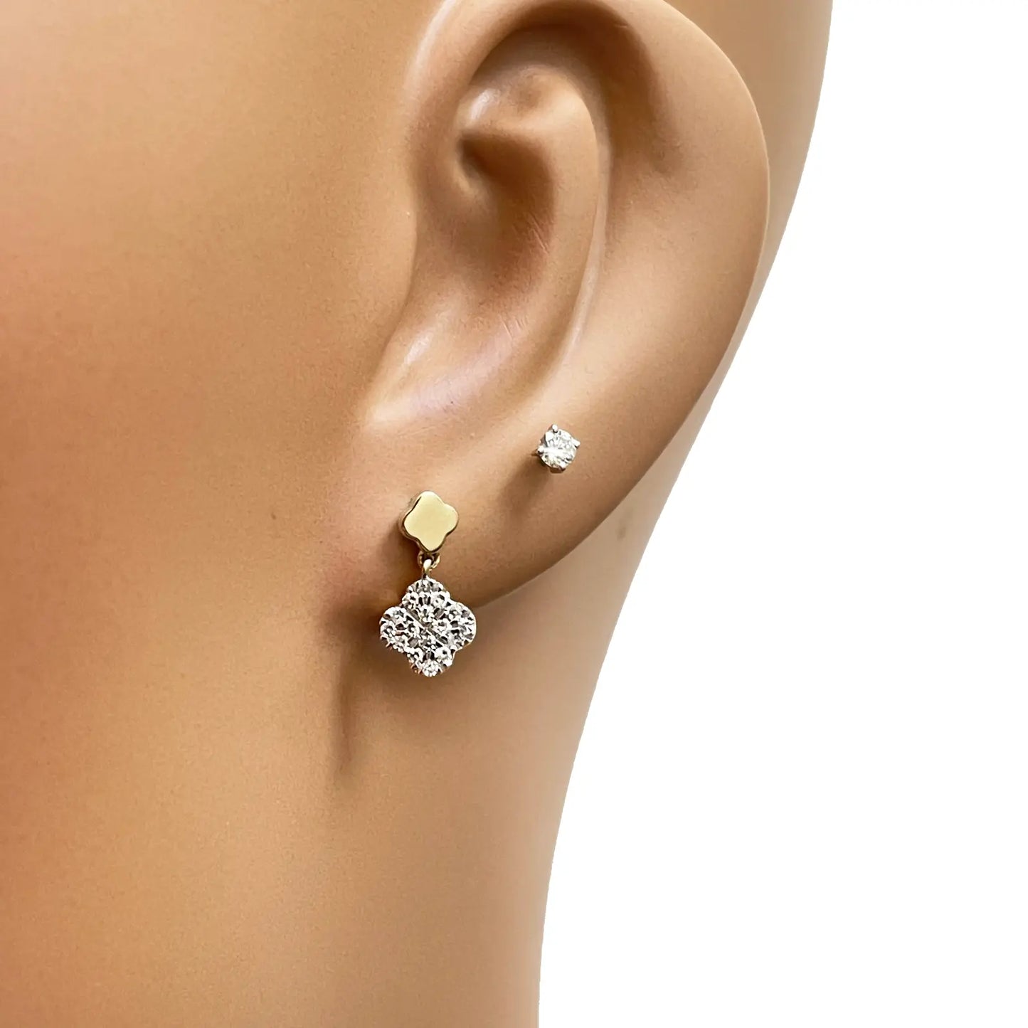 14ct Yellow Gold Diamond Clover Drop Cluster Stud Earrings 0.21ct 