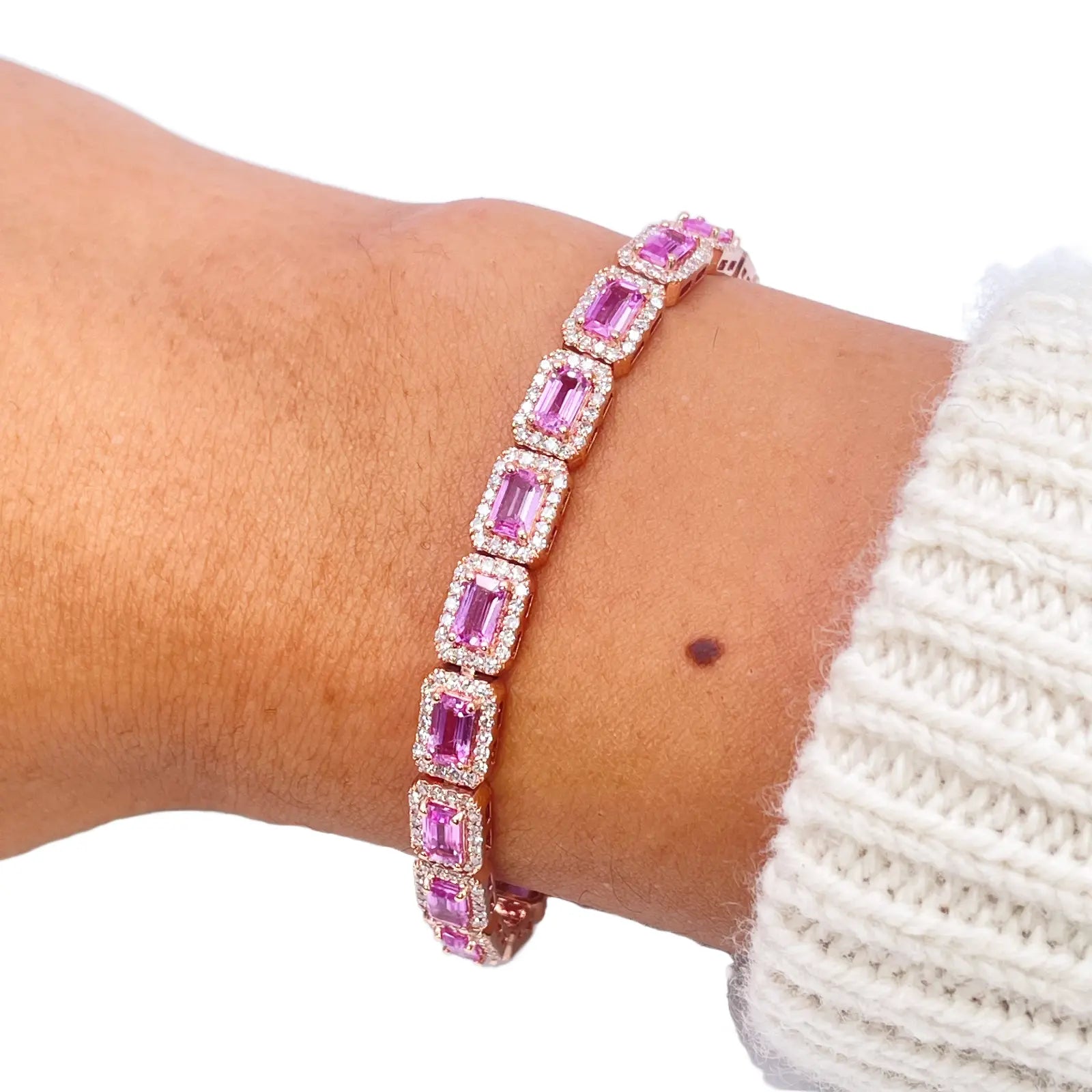 14ct Yellow Gold Diamond & Pink Sapphire Rectangular Halo Tennis Bracelet 9.10ct  Diamond Bracelets