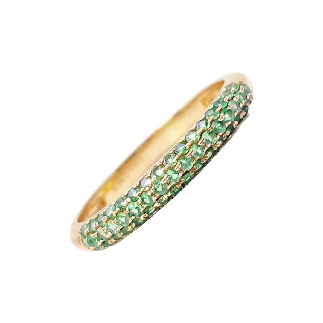 14ct Yellow Gold Green Tsavorite 3 Row Dome Shaped Pave Set Ring 0.38ct 