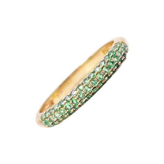 14ct Yellow Gold Green Tsavorite 3 Row Dome Shaped Pave Set Ring 0.38ct 