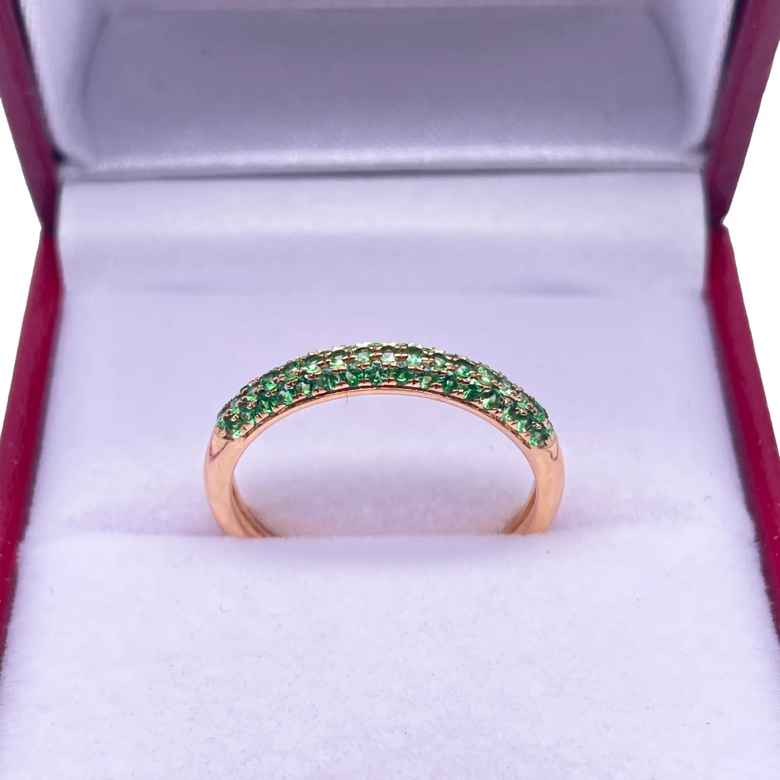 14ct Yellow Gold Green Tsavorite 3 Row Dome Shaped Pave Set Ring 0.38ct 