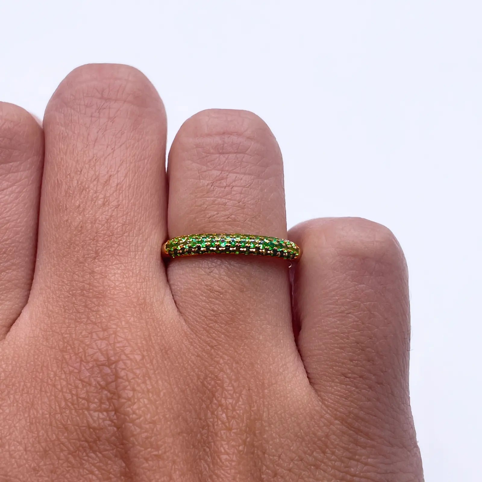 14ct Yellow Gold Green Tsavorite 3 Row Dome Shaped Pave Set Ring 0.38ct 