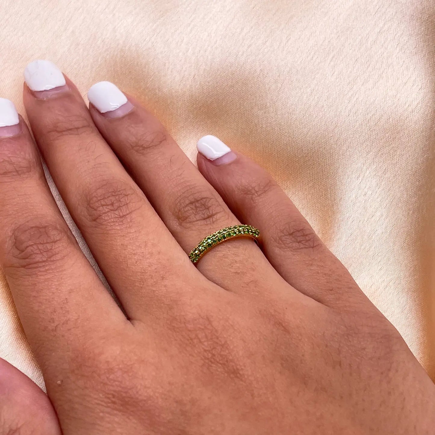 14ct Yellow Gold Green Tsavorite 3 Row Dome Shaped Pave Set Ring 0.38ct 