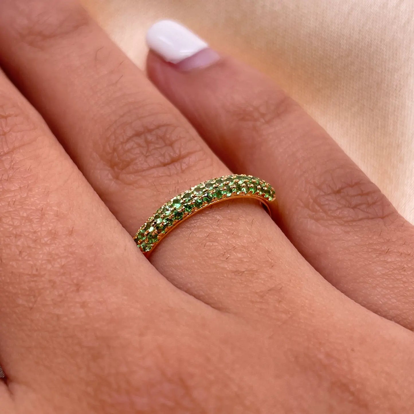 14ct Yellow Gold Green Tsavorite 3 Row Dome Shaped Pave Set Ring 0.38ct 