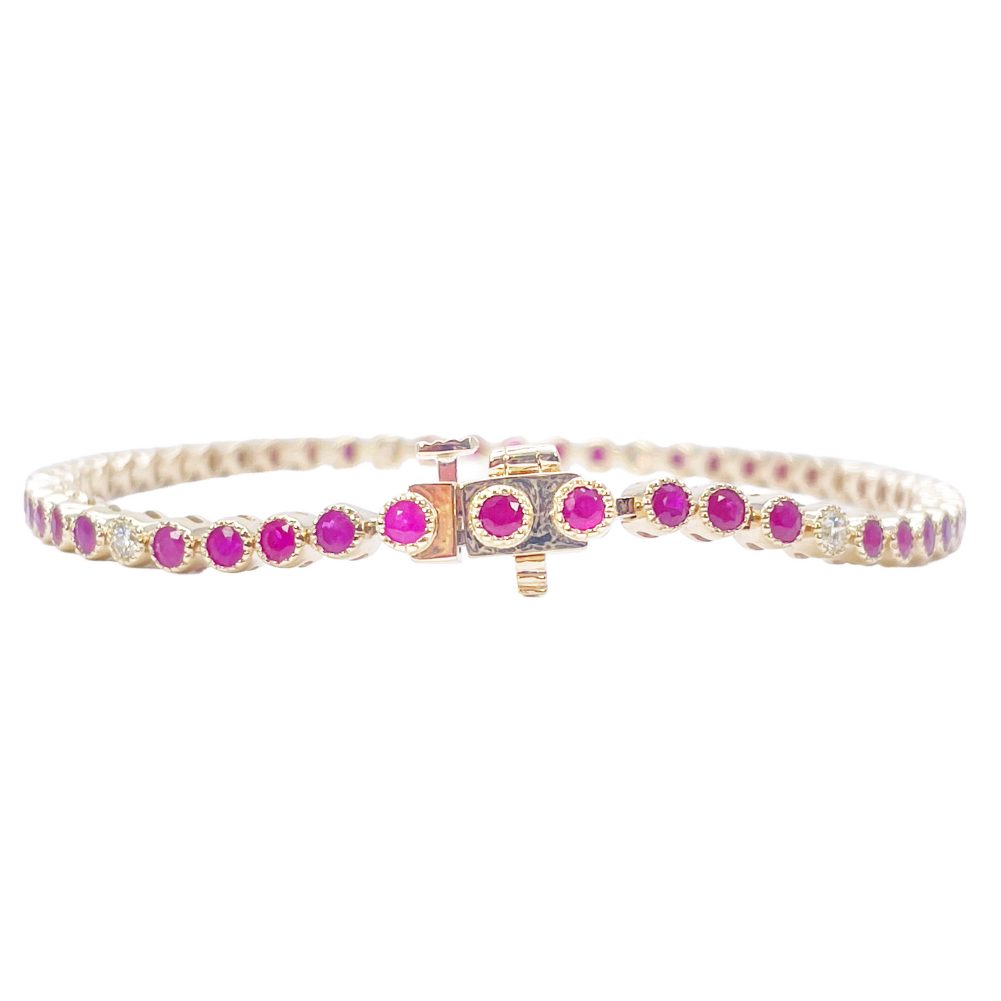 14ct Yellow Gold Natural Round Ruby Tennis Milgrain Bezel Bracelet 3.15ct 7 Inches  Diamond Bracelets