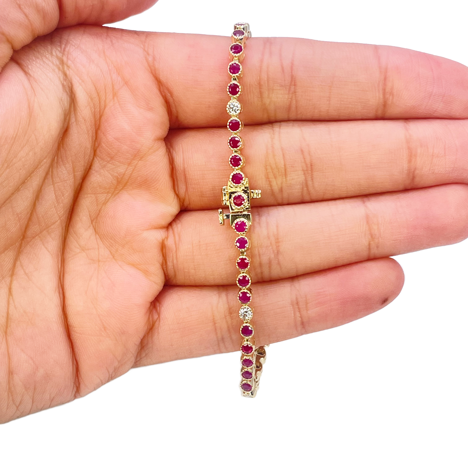 14ct Yellow Gold Natural Round Ruby Tennis Milgrain Bezel Bracelet 3.15ct 7 Inches  Diamond Bracelets