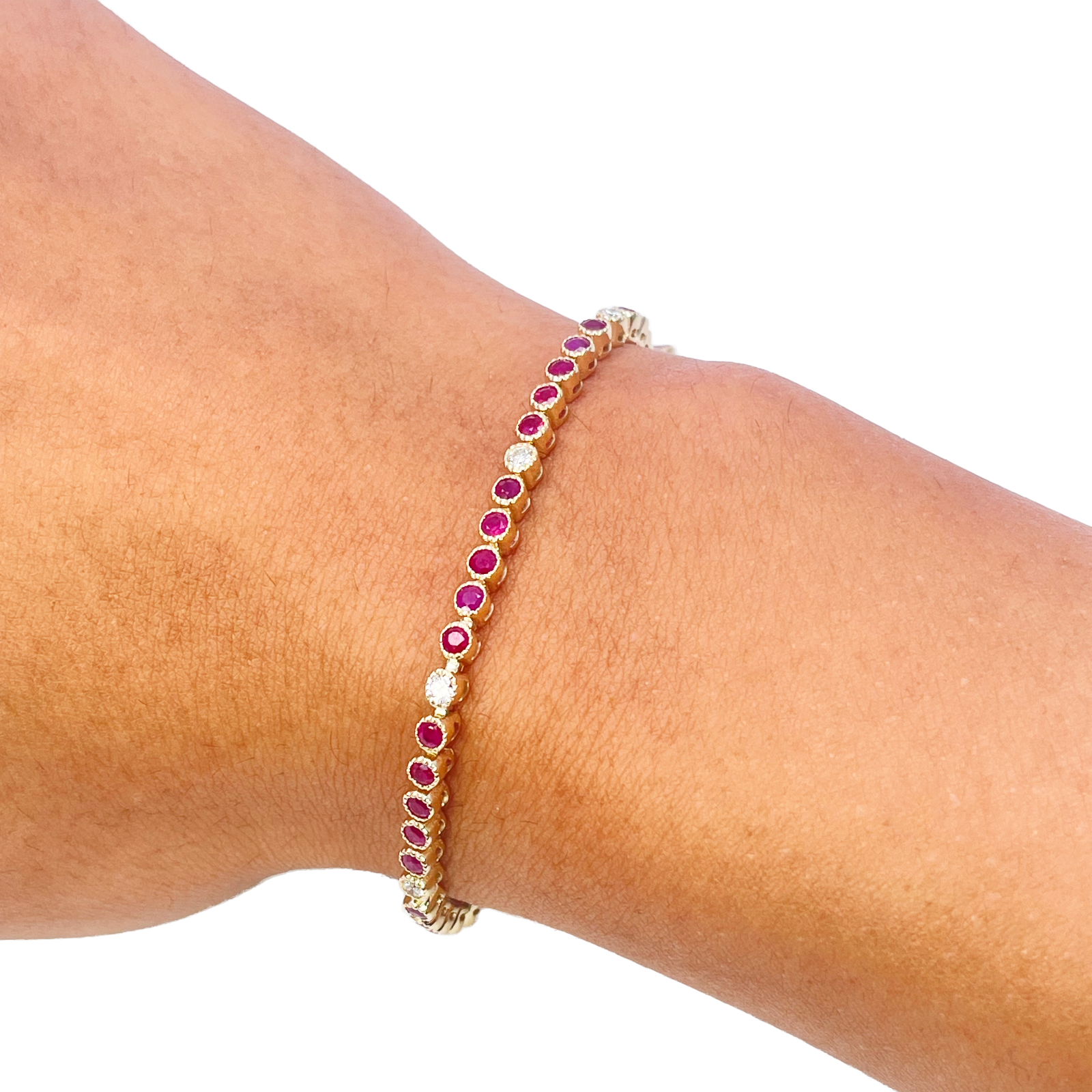 14ct Yellow Gold Natural Round Ruby Tennis Milgrain Bezel Bracelet 3.15ct 7 Inches  Diamond Bracelets