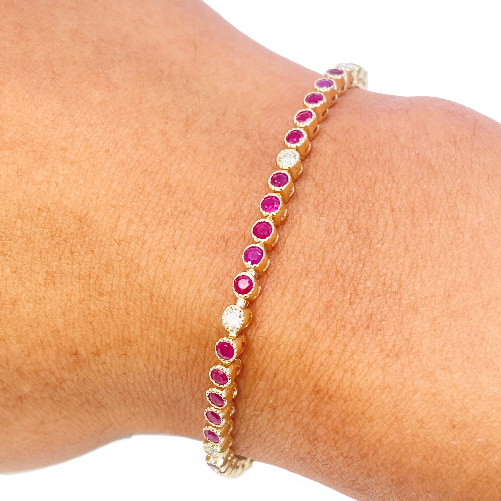 14ct Yellow Gold Natural Round Ruby Tennis Milgrain Bezel Bracelet 3.15ct 7 Inches  Diamond Bracelets