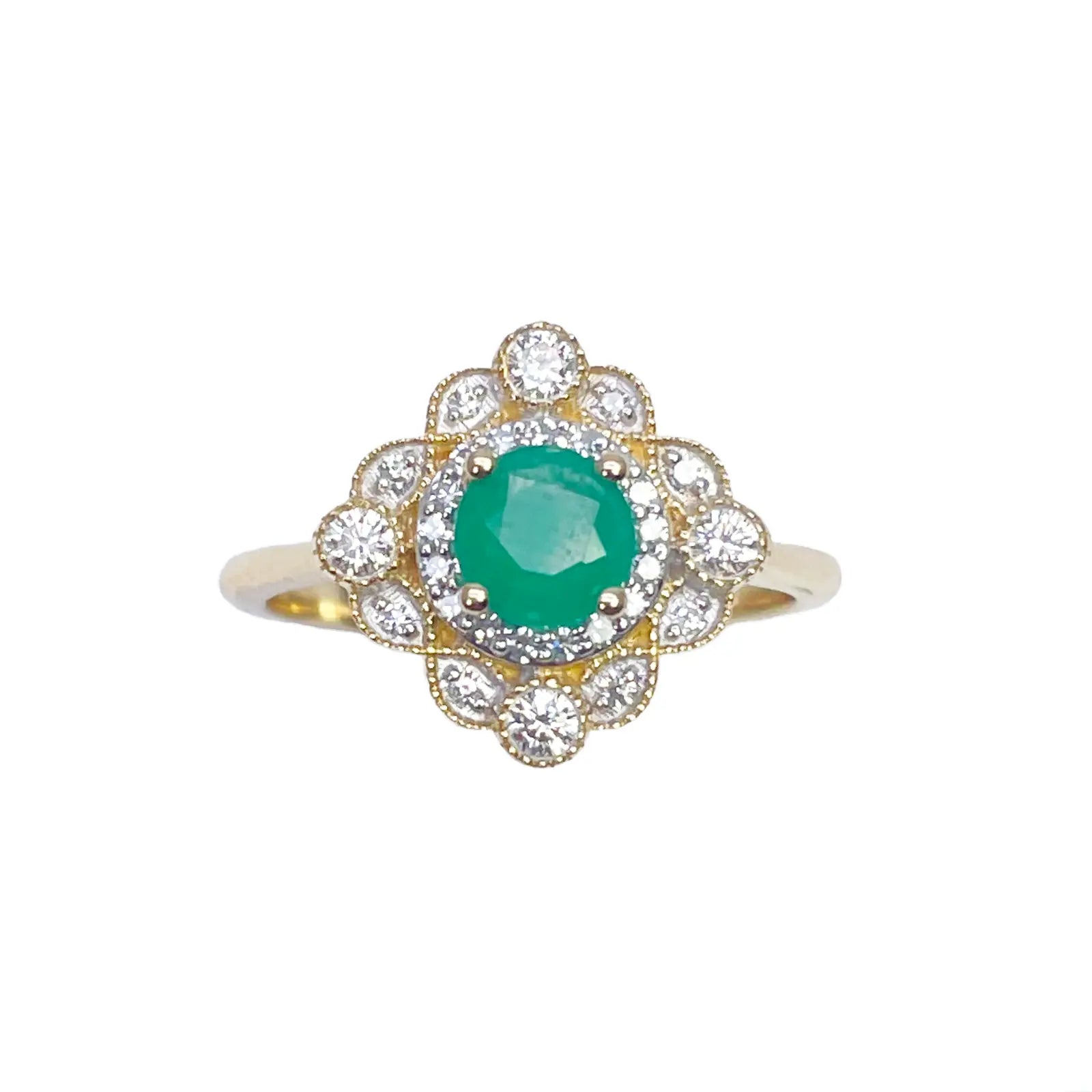 14ct Yellow Gold Round Green Emerald & Diamond Cluster Milgrain Ring 0.72ct  Diamond Ring