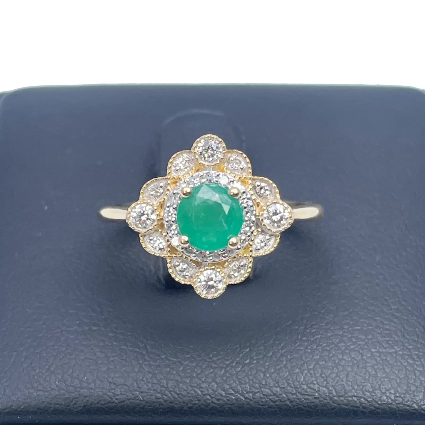 14ct Yellow Gold Round Green Emerald & Diamond Cluster Milgrain Ring 0.72ct  Diamond Ring