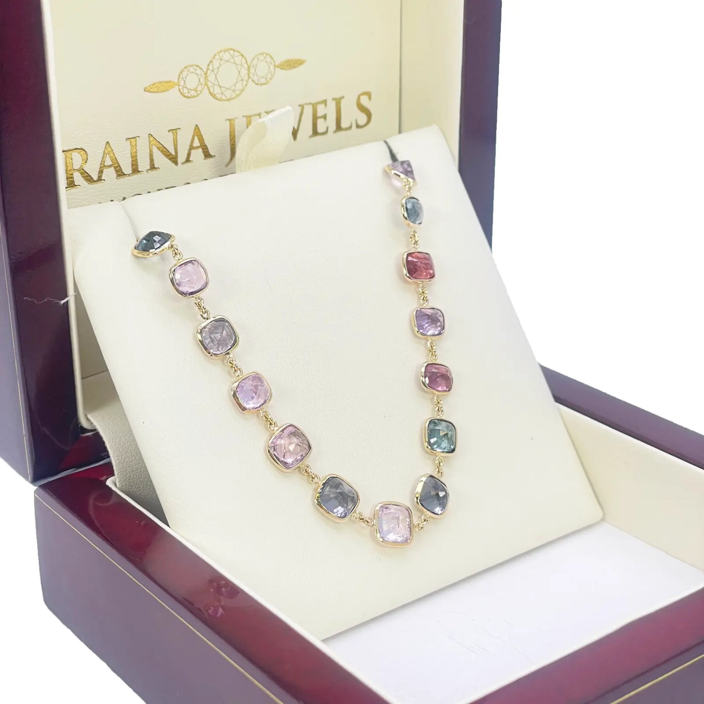 14ct Yellow Gold Spinel Gemstone Rubover Set Chain Necklace 19''inch 43.49ct 