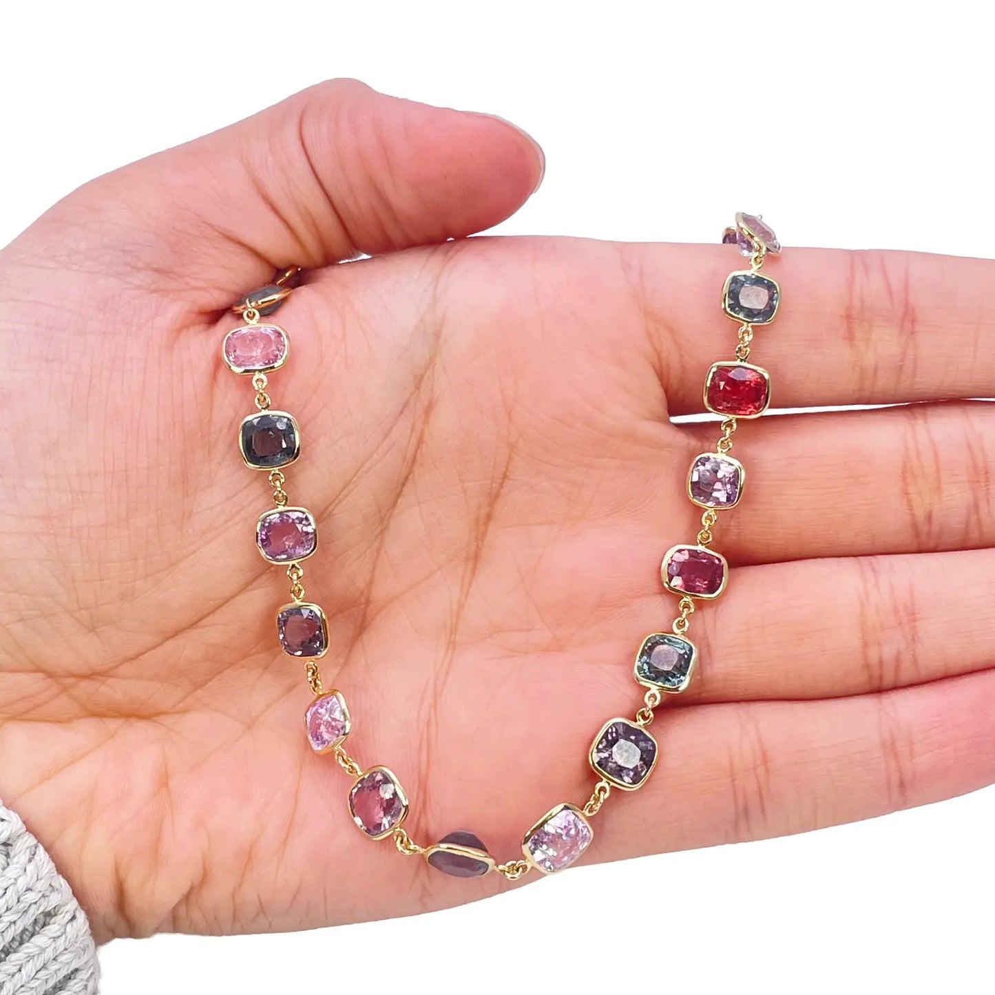 14ct Yellow Gold Spinel Gemstone Rubover Set Chain Necklace 19''inch 43.49ct 