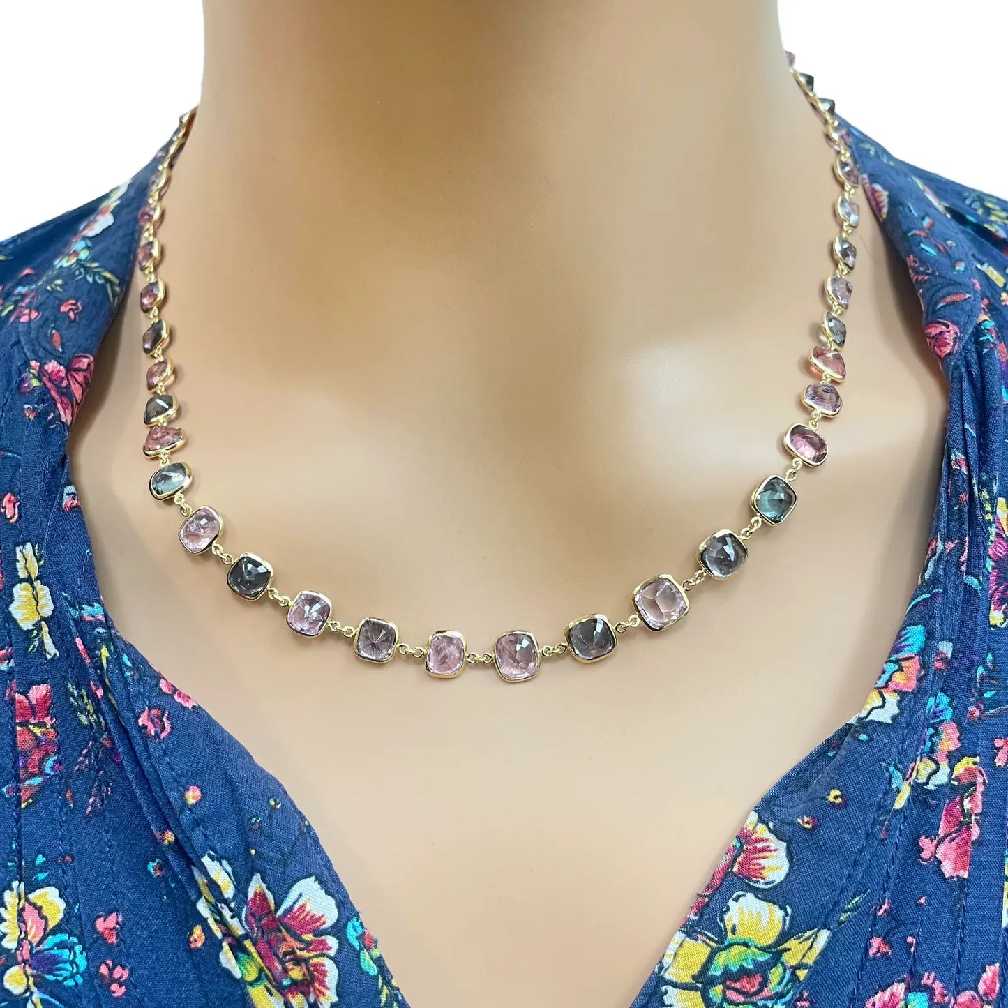 14ct Yellow Gold Spinel Gemstone Rubover Set Chain Necklace 19''inch 43.49ct 