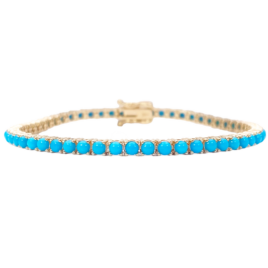 14ct Yellow Gold Unique Round Turquoise Tennis Bracelet 4.60ct 7 Inches 