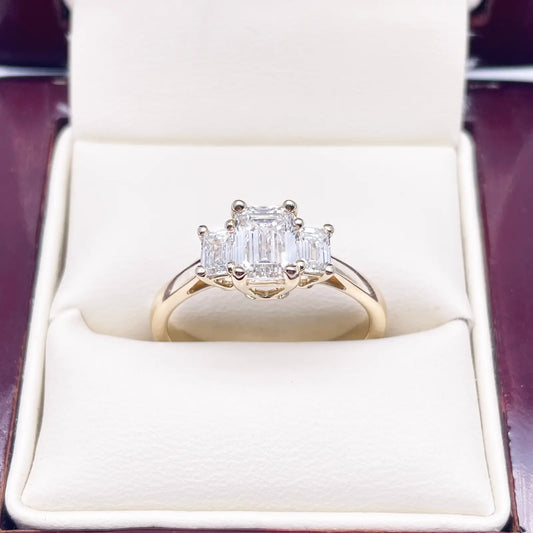 14ct Yellow/White Gold LabGrown Diamond 1.40ct Emerald Cut 3-Stone Ring IGI Cert 