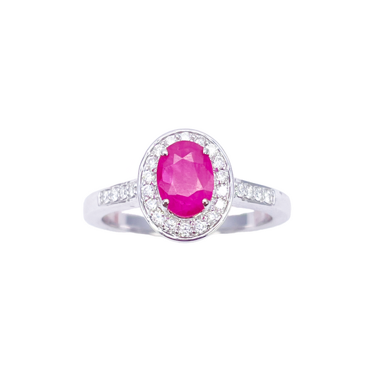 18ct White Gold Natural Oval Ruby & Round Diamond Halo Ring 1.00ct