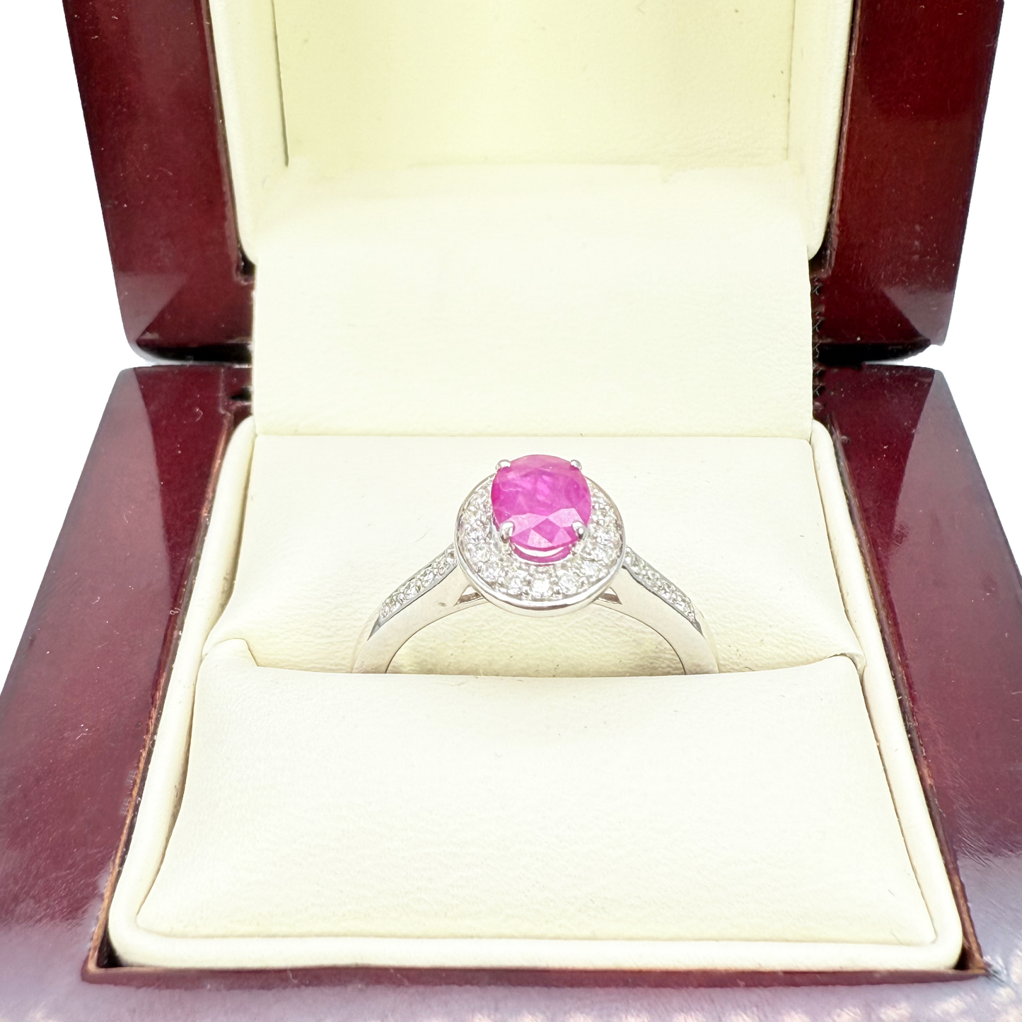 18ct White Gold Natural Oval Ruby & Round Diamond Halo Ring 1.00ct