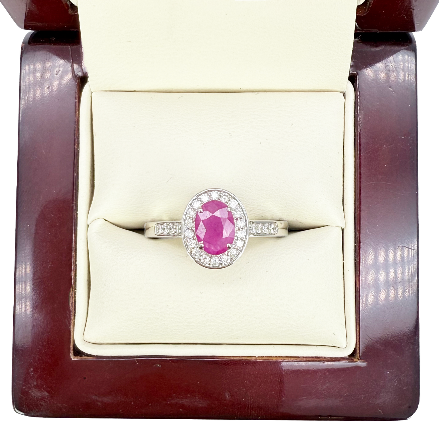 18ct White Gold Natural Oval Ruby & Round Diamond Halo Ring 1.00ct