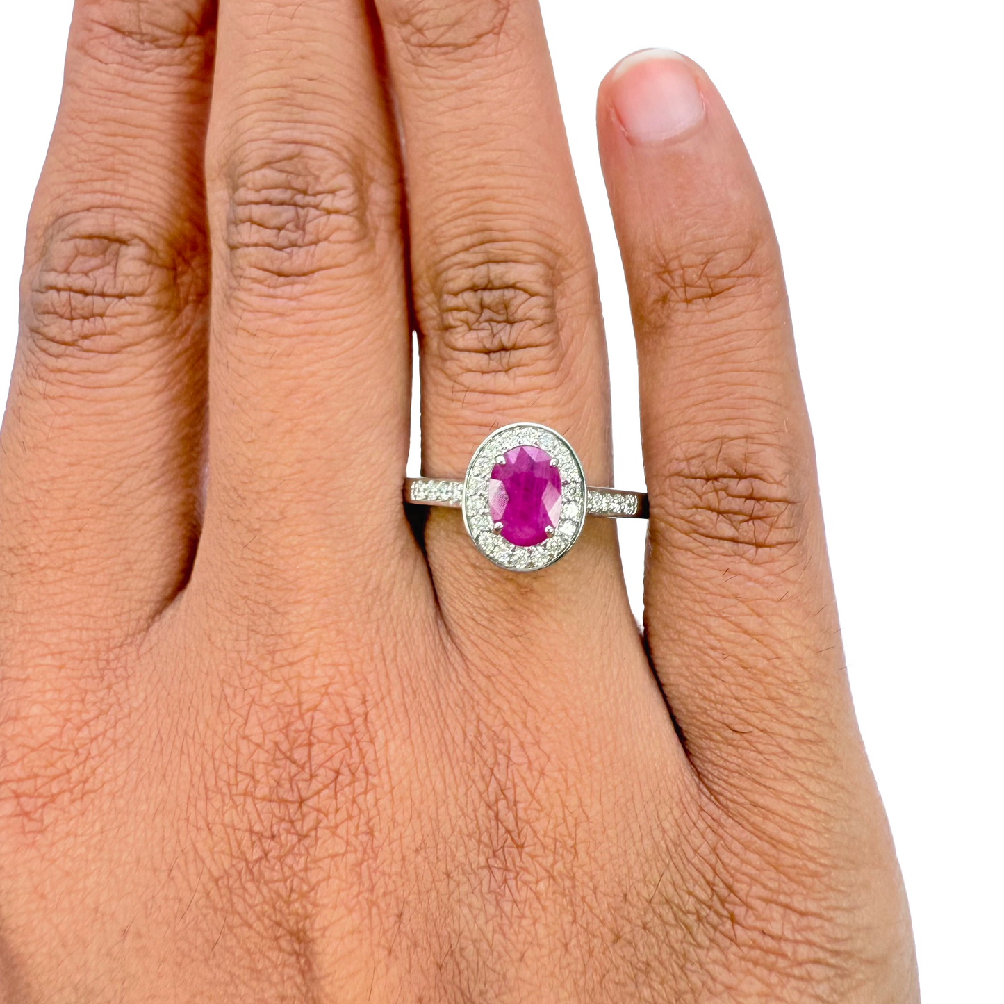 18ct White Gold Natural Oval Ruby & Round Diamond Halo Ring 1.00ct