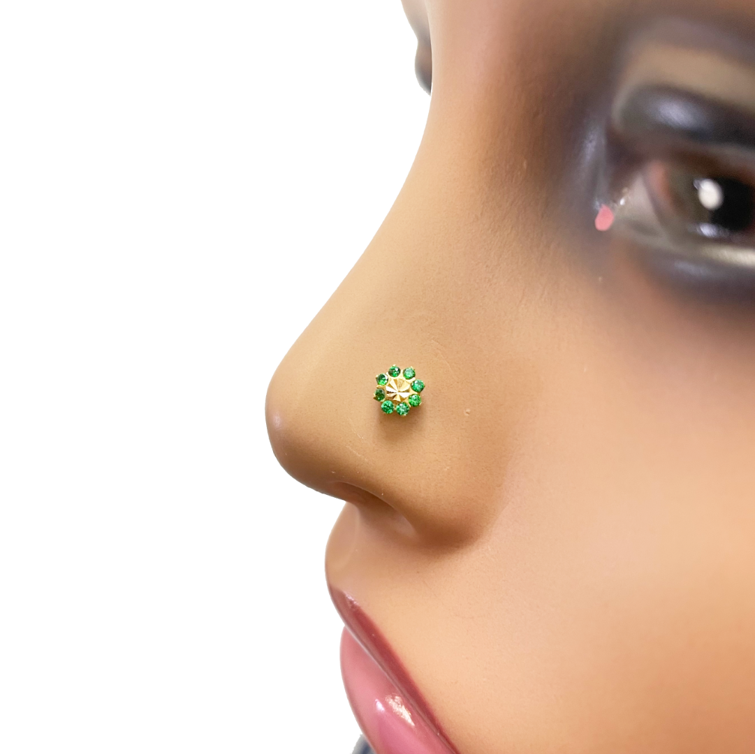 22ct Yellow Gold Green Cubic Zirconia Nose Stud