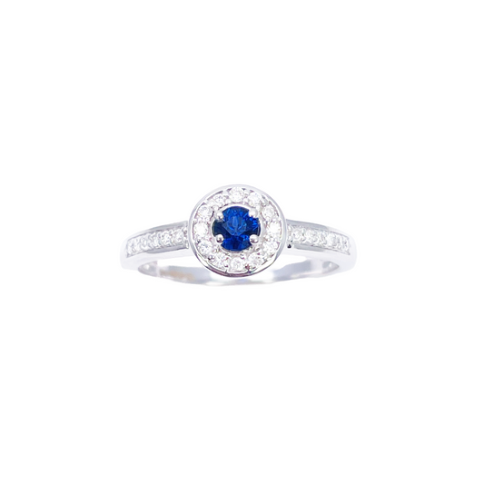 18ct Natural Blue Sapphire & Round Diamond Halo Half Eternity Ring 0.35ct