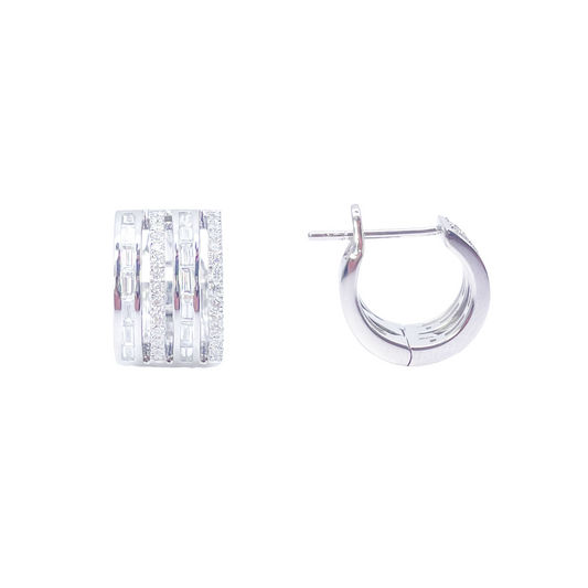 18ct Gold Diamond Hoop 0.55ct Natural Baguette & Round Huggie Earrings 9mm 