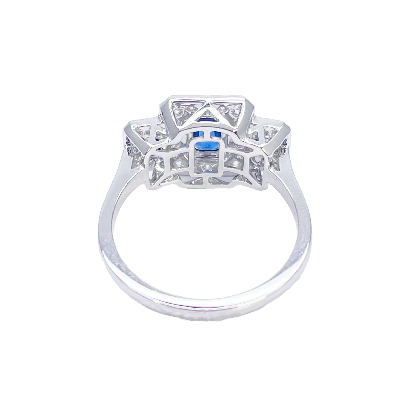 18ct Gold Emerald Cut Sapphire Triple Halo Round Diamond Art Deco Ring 1.14ct  Diamond Ring